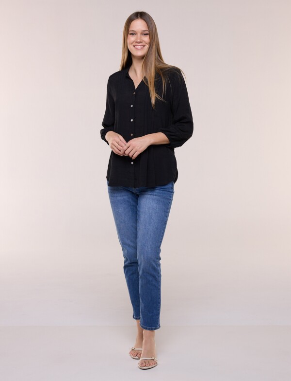 Blusa Con Alforzas En Delantero Y Botones NEGRO