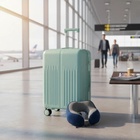 Set Valija Grande Rígida + Almohadón Cervical Memoria Azul Celeste