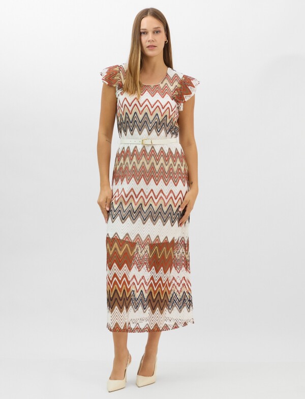 Vestido Midi Calado Con Estampado Zigzag BLANCO/MULTI