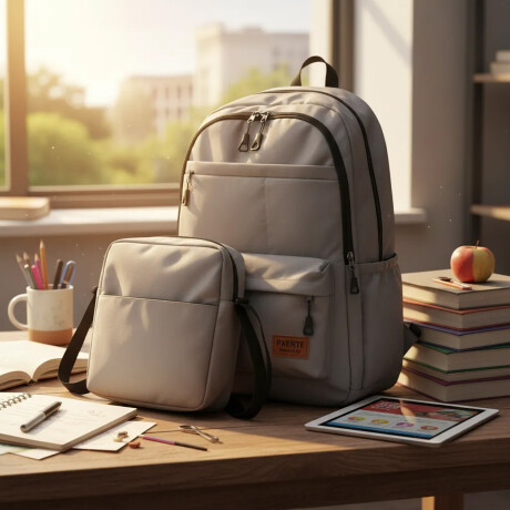Set Mochila Bolso Cartuchera Alumno Resistente 3 Piezas Gris
