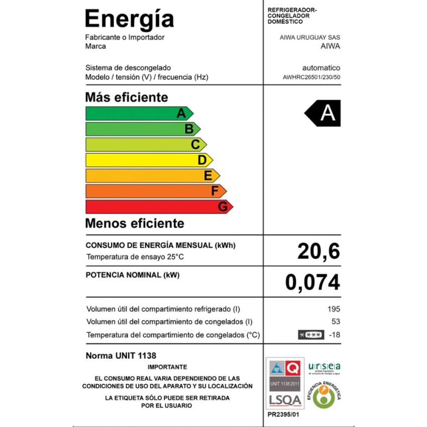Heladera AIWA AWHRC26501 inox. Heladera AIWA AWHRC26501 inox.
