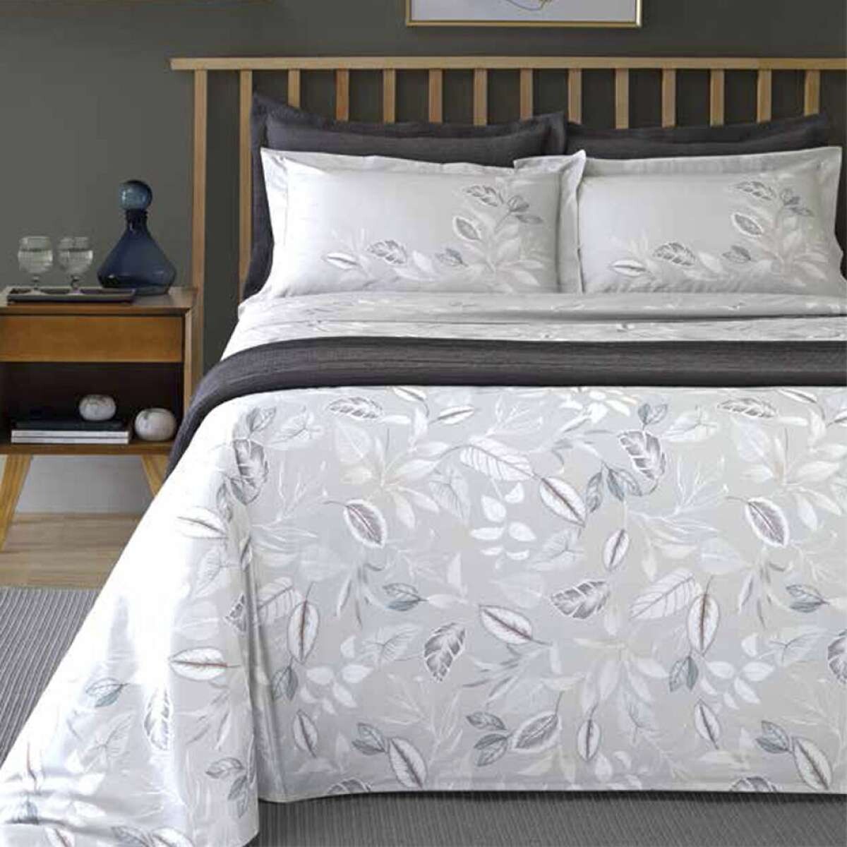 Juego Sábanas 1 Plazas Dohler 200 Hilos 100% Algodón - Flores Grises 