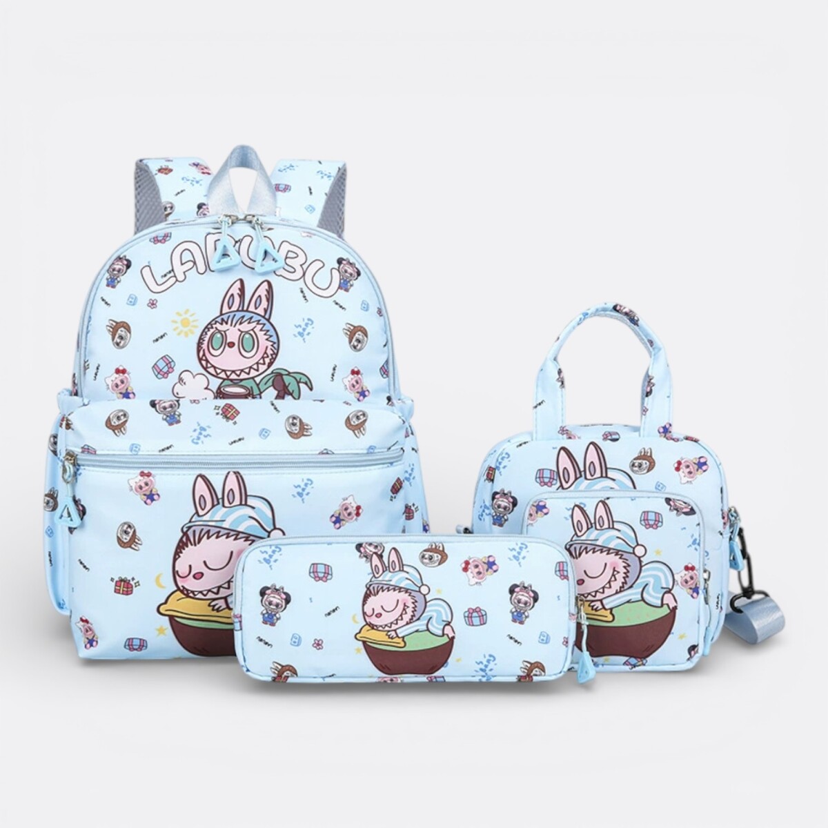Kit Labubu Mochila + Cartuchera + Lonchera - Celeste 