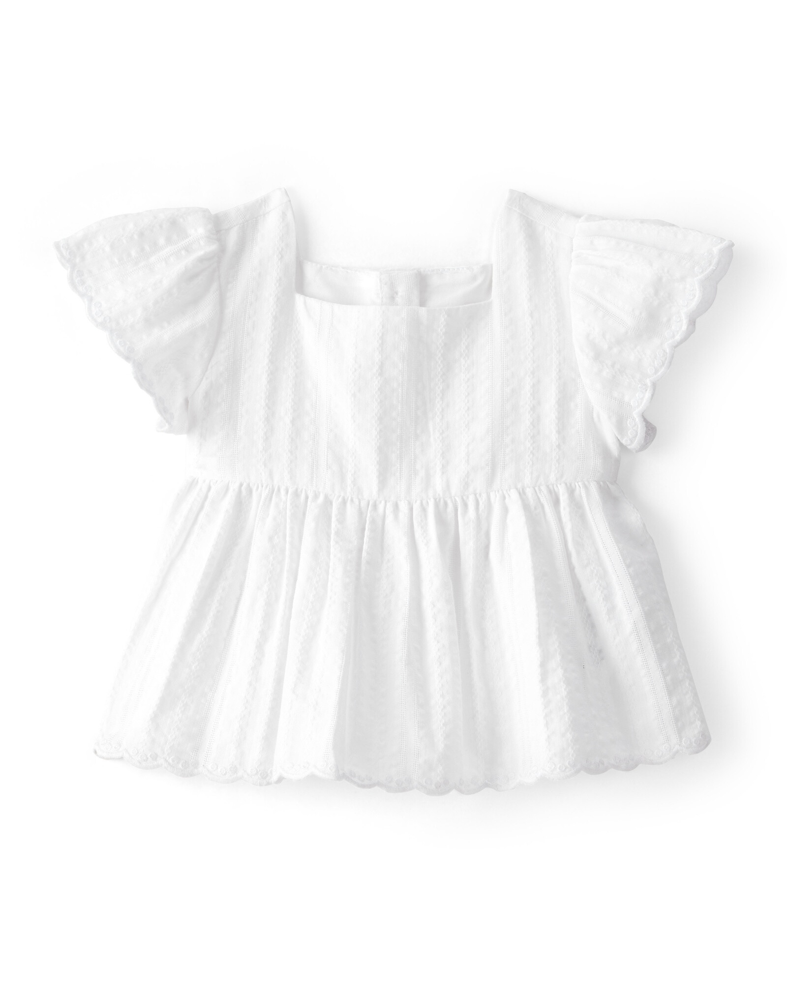 Blusa de algodón labrado, manga corta con volados, blanca Blusa de algodón labrado, manga corta con volados, blanca
