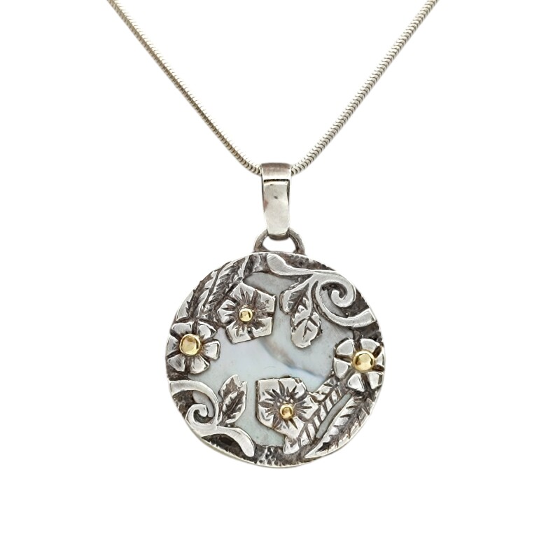 Dije Medalla Flores -Plata y Oro-Nácar-CP5174 sinpiedra