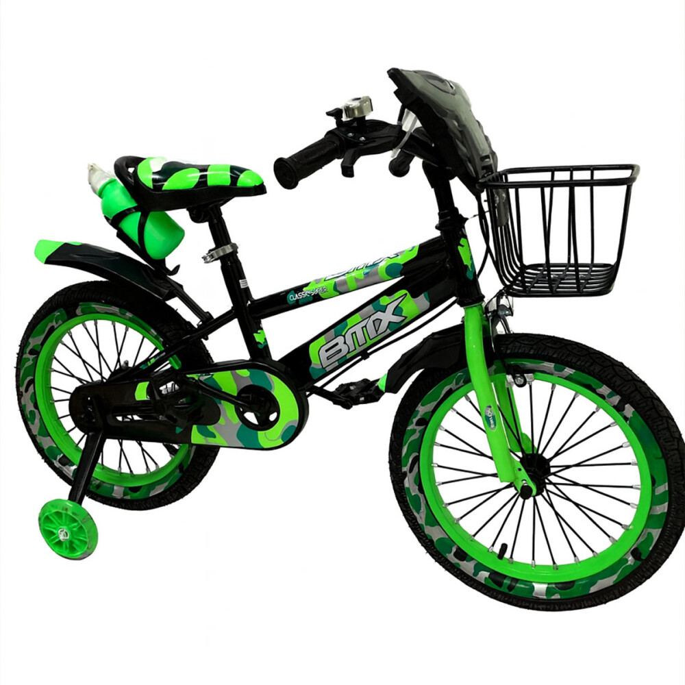 Bicicleta Infantil Rodado 16 Para Niños Con Rueditas Auxiliares y Canasto Verde