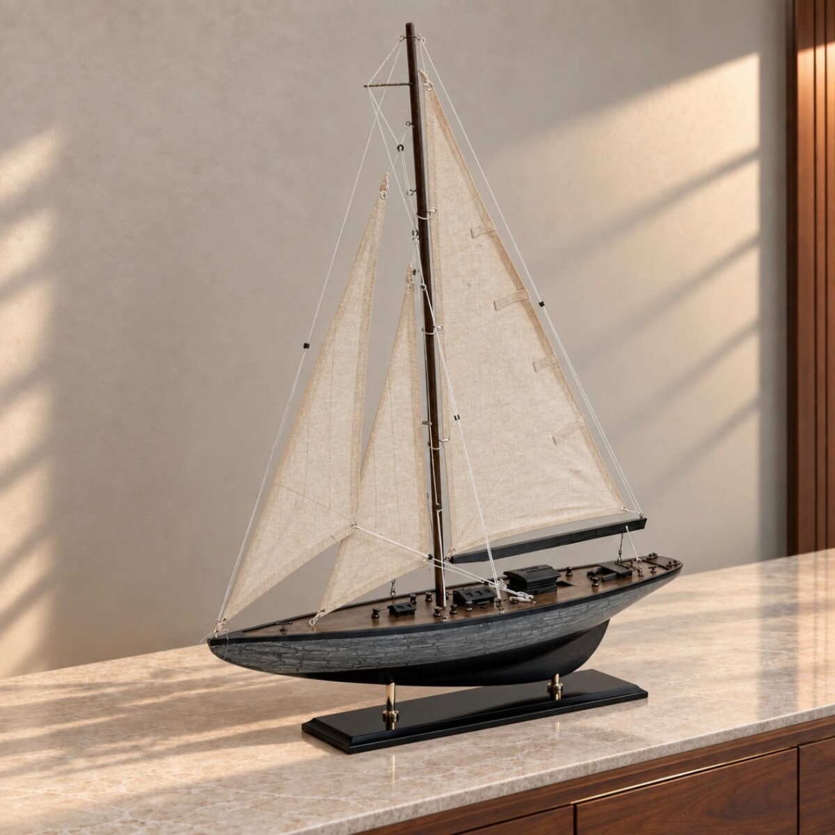 Velero Decorativo con Velas de Tela – Gris Envejecido - Largo 60 cm / Altura 75 cm 