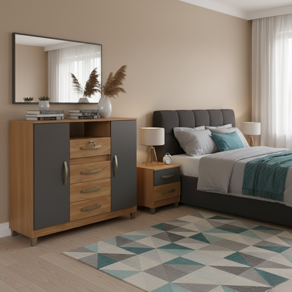 CÓMODA CAJONERA GUARDARROPA 4 CAJONES 2 PUERTAS CON LLAVE COLOR MADERA GRIS