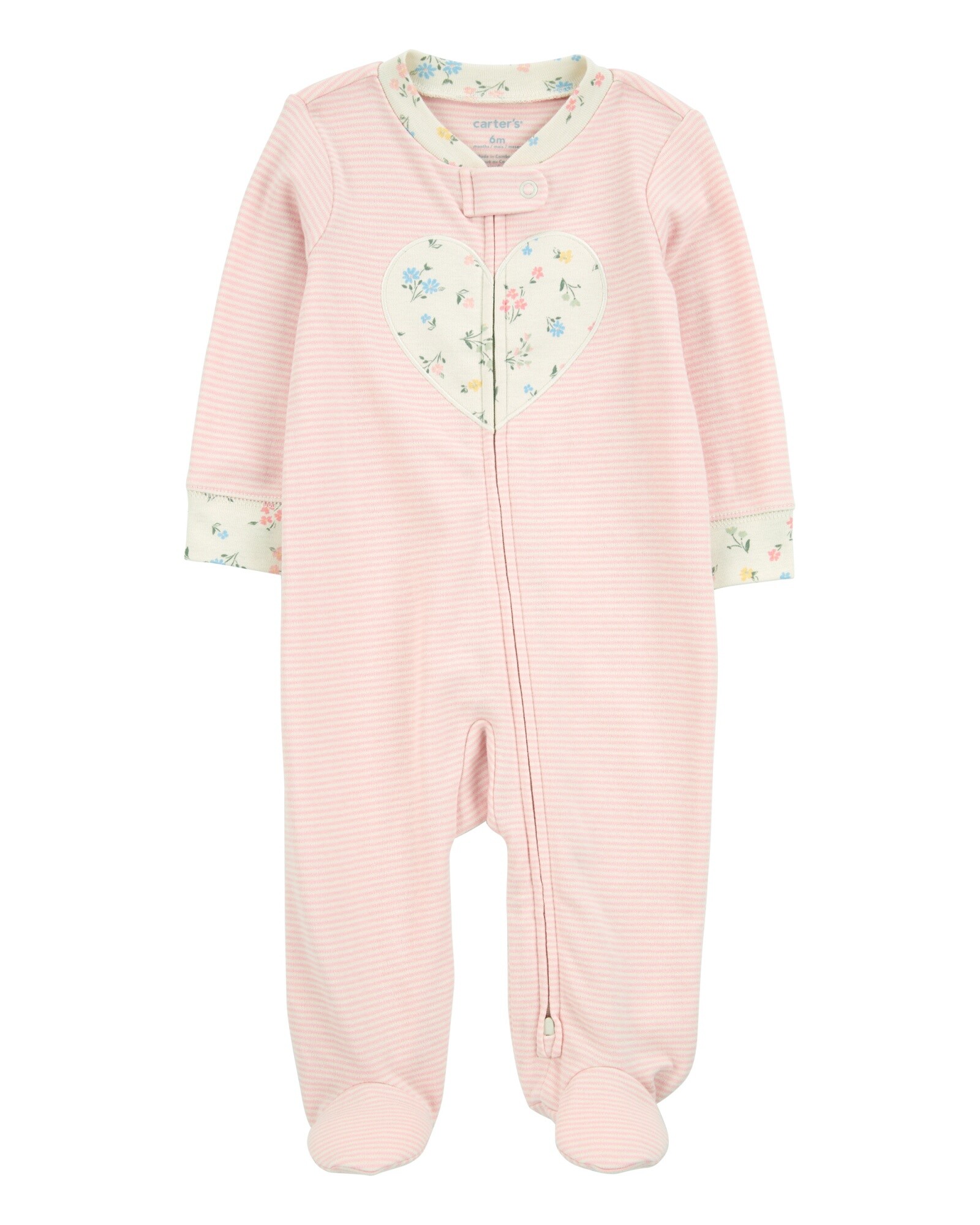 Pijama una pieza de algodón, con pie, rosado, estampa corazón Sin color