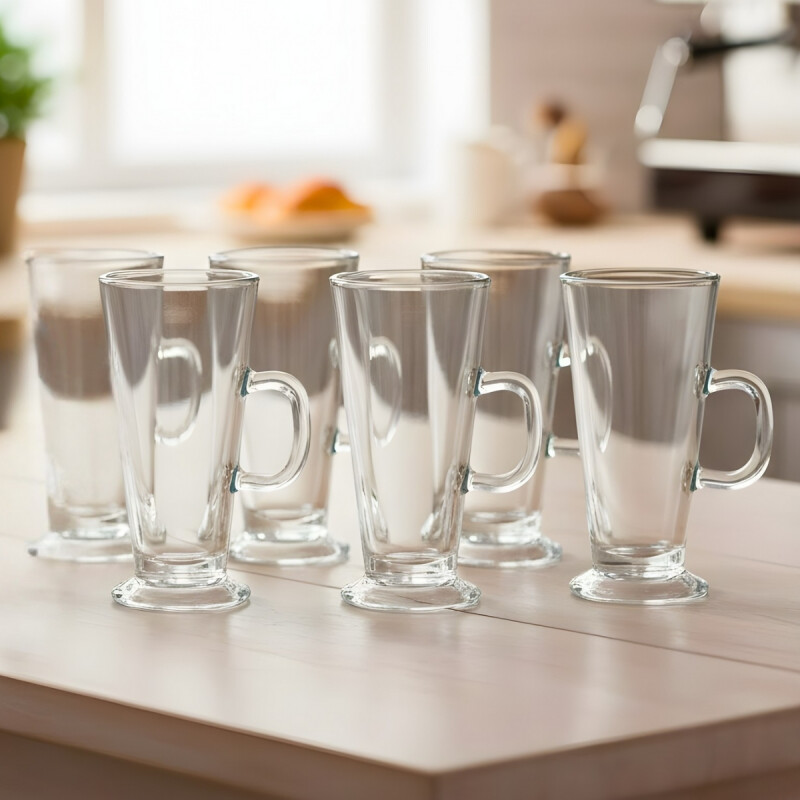 Set x6 Taza de vidrio alta con asa 285ml TRANSPARENTE