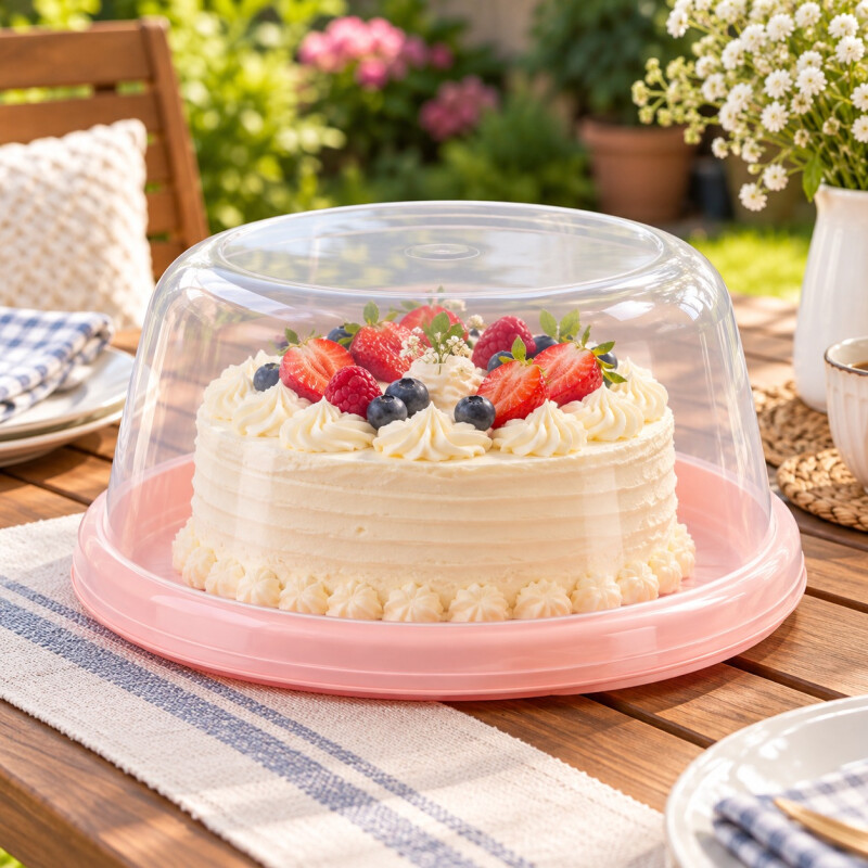 Cubre Torta con Tapa Transparente y Bandeja Plástica 30 cm Rosa