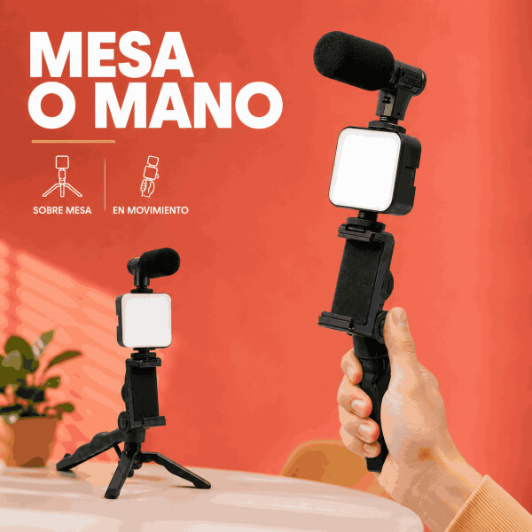 Kit de Grabación para Celular con Trípode Luz LED y Micrófono Negro