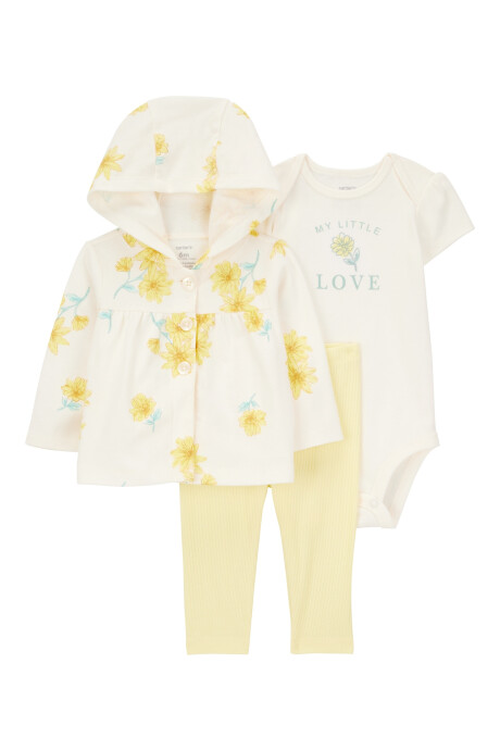 Set tres piezas de algodón, pantalón, saco con capucha y body, diseño floral Sin color