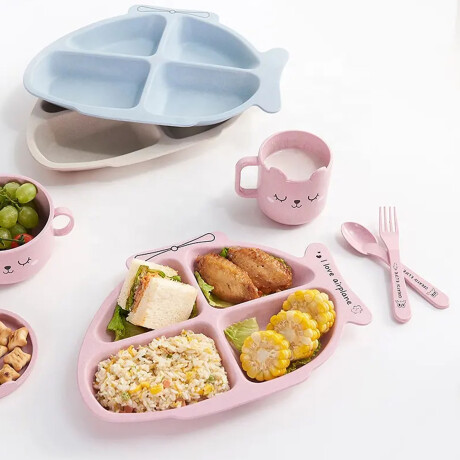 Set Comida Bebé Plato c/ Divisiones Tenedor Cuchara Plástico Rosa