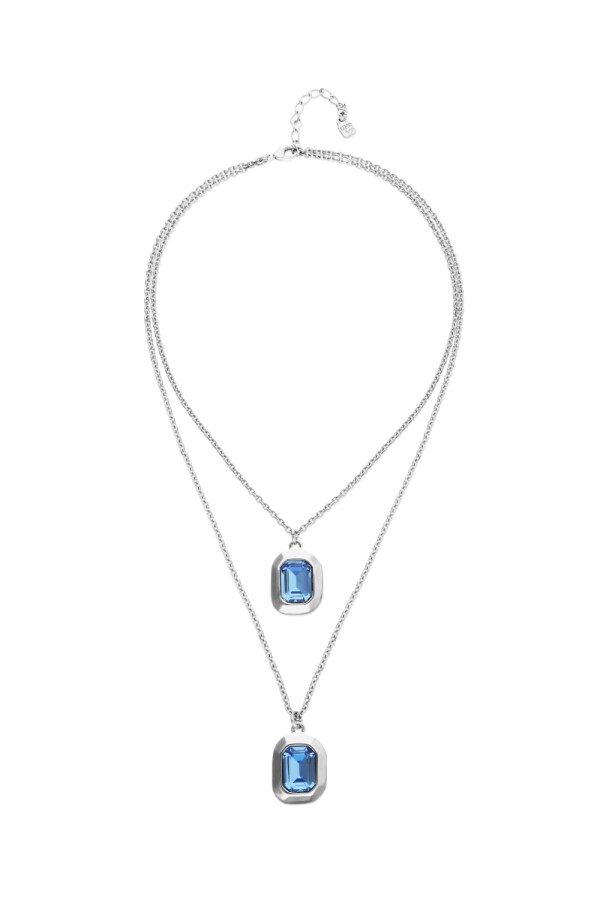 COLLAR DOBLE DE ALEACIÓN DE METALES BAÑADO EN PLATA DE LEY CON CRISTAL FACETADO AZUL Colgante