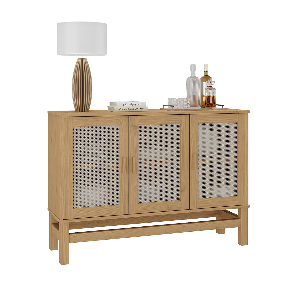 APARADOR BUFFET DE 3 PUERTAS EN MADERA MACIZA CON RATAN NATURAL 