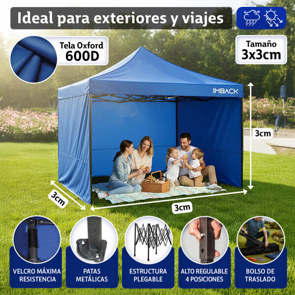 Gazebo Plegable Reforzado 3x3 M Con Paredes Carpa Autoarmable Jardin Playa Patio Toldo Imback Color Azul Gazebo Plegable Reforzado 3x3 M Con Paredes Carpa Autoarmable Jardin Playa Patio Toldo Imback Color Azul