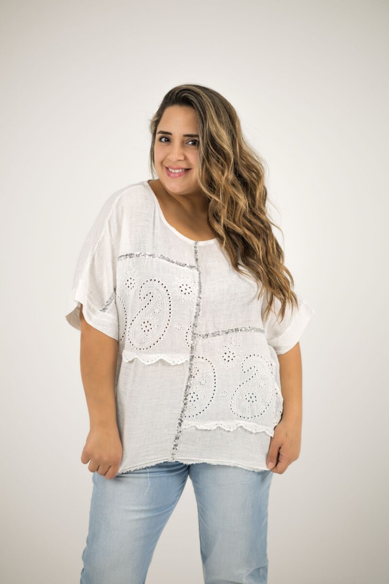 Blusa 100% lino con broderie y brillo - blanca 