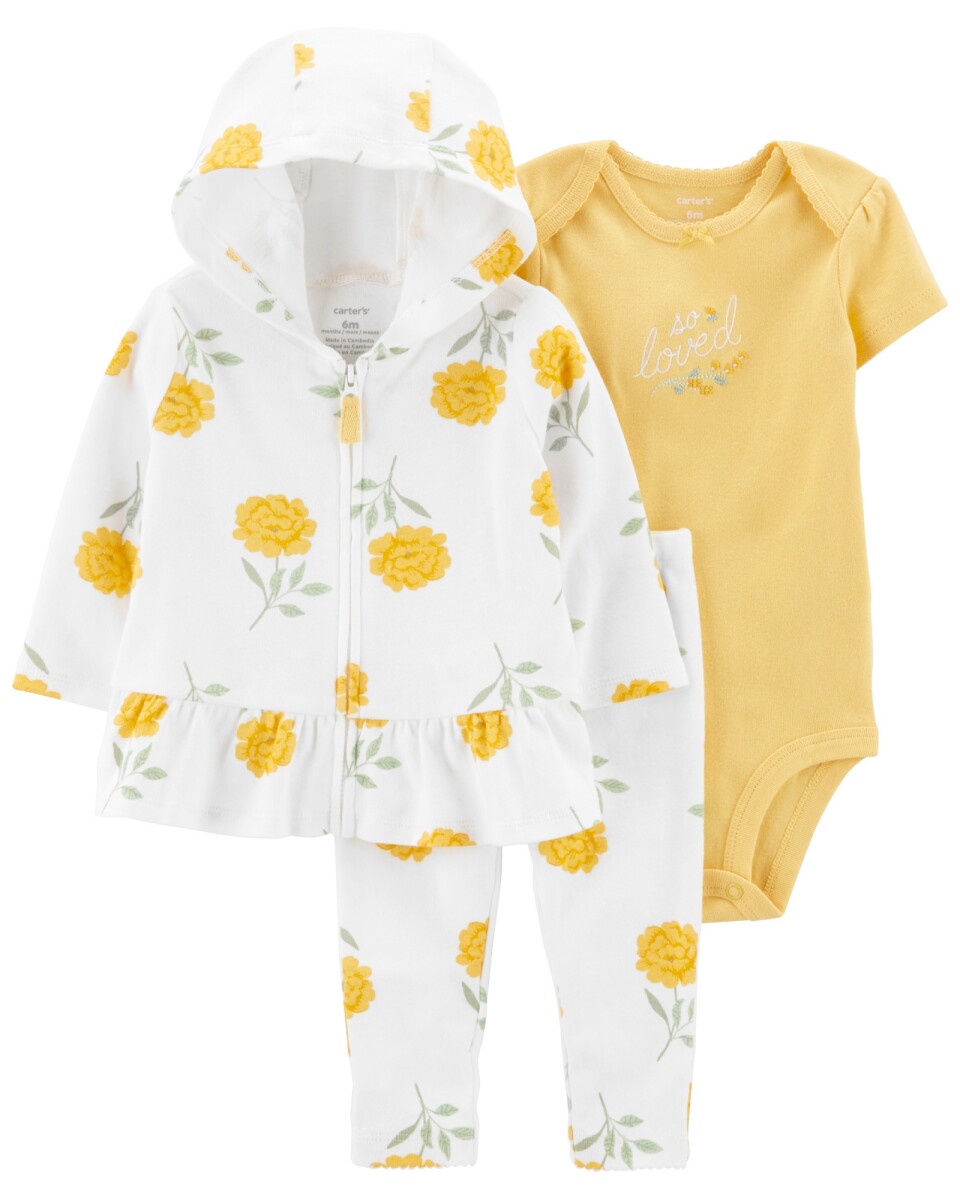 Set tres piezas campera, pantalón y body de algodón diseño floral 