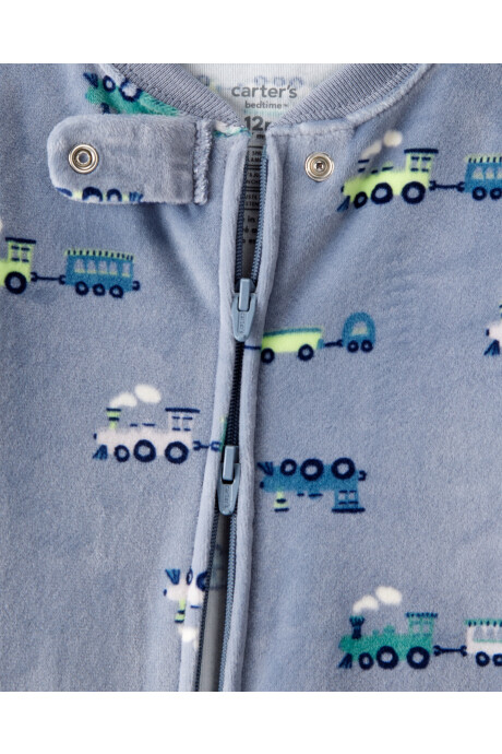 Pijama una pieza de DreamPlush, con pie, azul, diseño trenes. Talles 12-24M Sin color