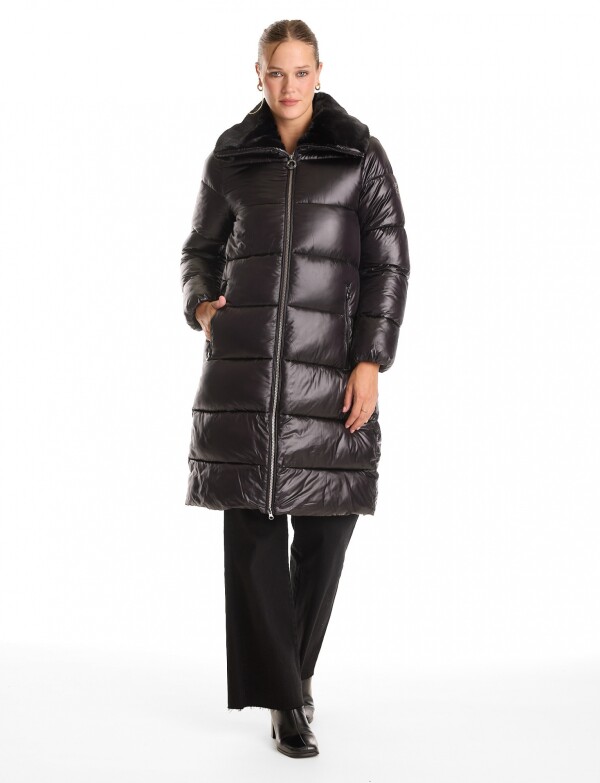 Campera Puffer Satinada Con Cuello De Piel NEGRO