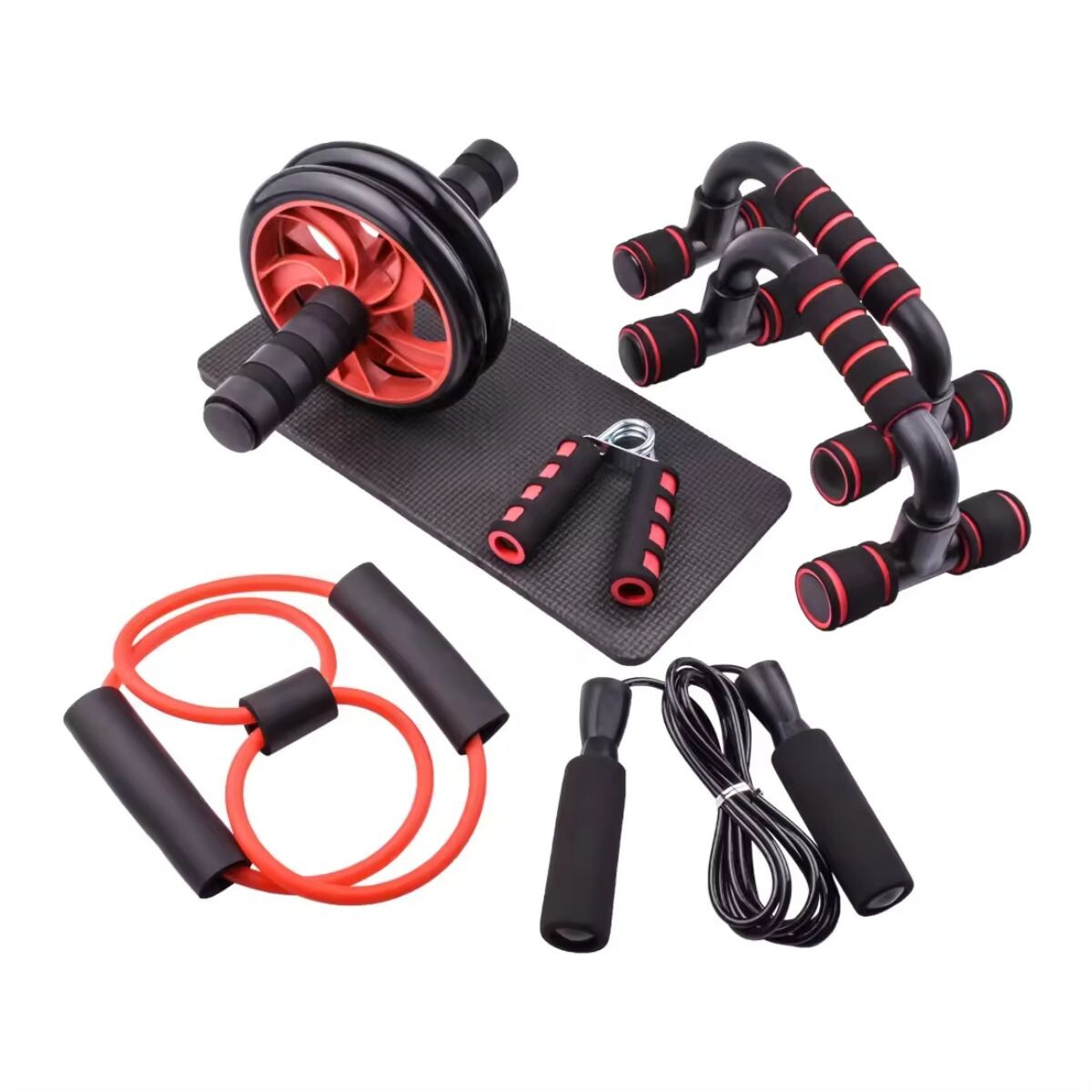 Kit Rojo Ejercicio Rueda Abdominal + Banda de Resistencia + Soga para Saltar + Barras de Push up + Hand Grip de Regalo FIT001 