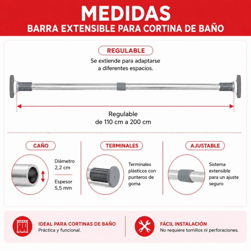 Barrote extensible para cortina 110 a 200 cm GRIS