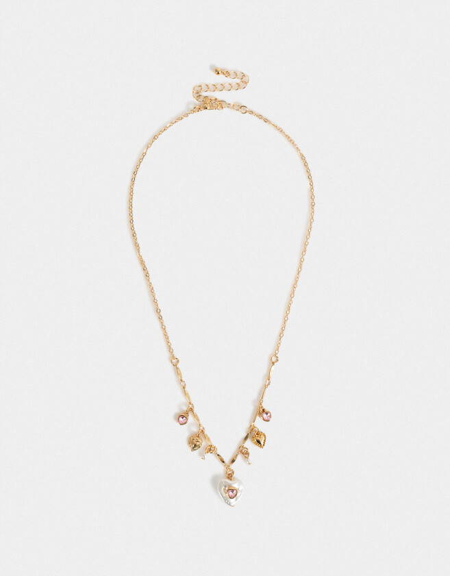 Collares Cortos Con perlas Collar Corto Multi Dije Con Perla - Dorado