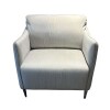 Poltrona tapizado en tela gris, patas en metal - Producto con detalles. Poltrona tapizado en tela gris, patas en metal - Producto con detalles.