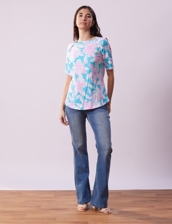 Remera Algodon Flores CELESTE/MULTI