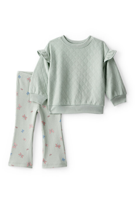 Set dos piezas de algodón, calza acanalada y buzo, verde, diseño mariposas. Talles 6-24M Sin color