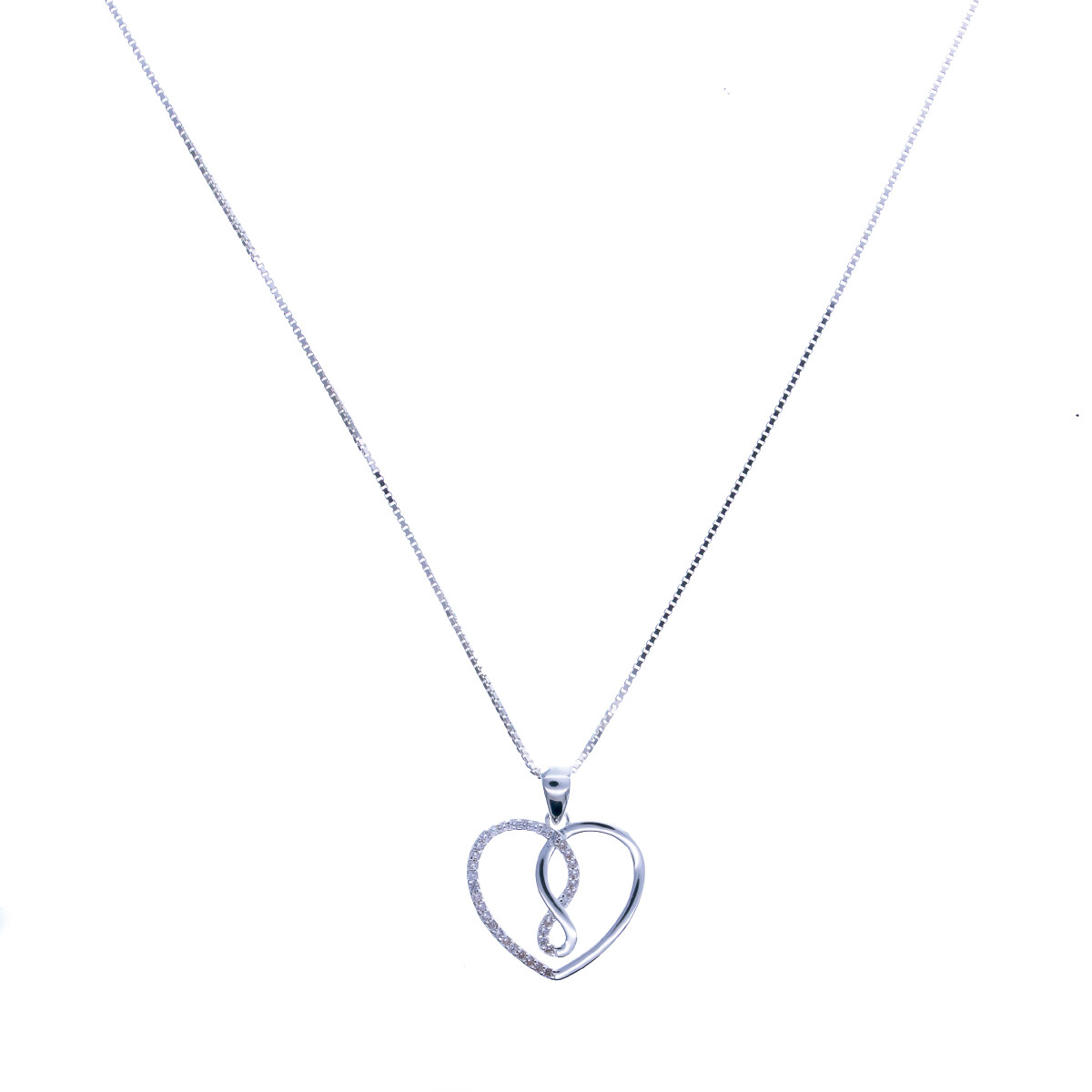Conjunto de colgante y cadena de plata 925 con circonias, CORAZON - INFINITO. 
