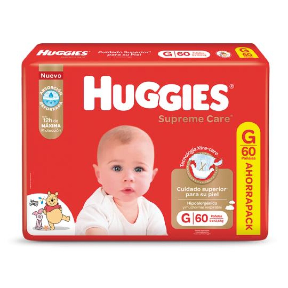 PAÑALES HUGGIES SUPREME CARE TALLE G, 60 UNIDADES 