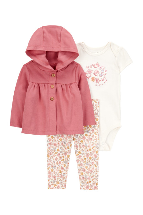 Set tres piezas de algodón, pantalón, saco con capucha y body Set tres piezas de algodón, pantalón, saco con capucha y body