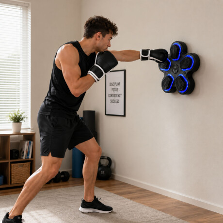 Máquina Boxeo Fitness Musical Pared BT LED Fitness + Guantes Negro