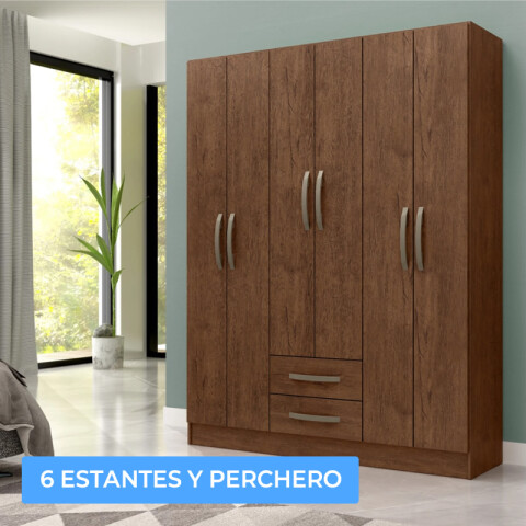 Ropero 6 puertas 2 cajones con estantes y perchero interior natural 172X136X35 - Marrón Ropero 6 puertas 2 cajones con estantes y perchero interior natural 172X136X35 - Marrón