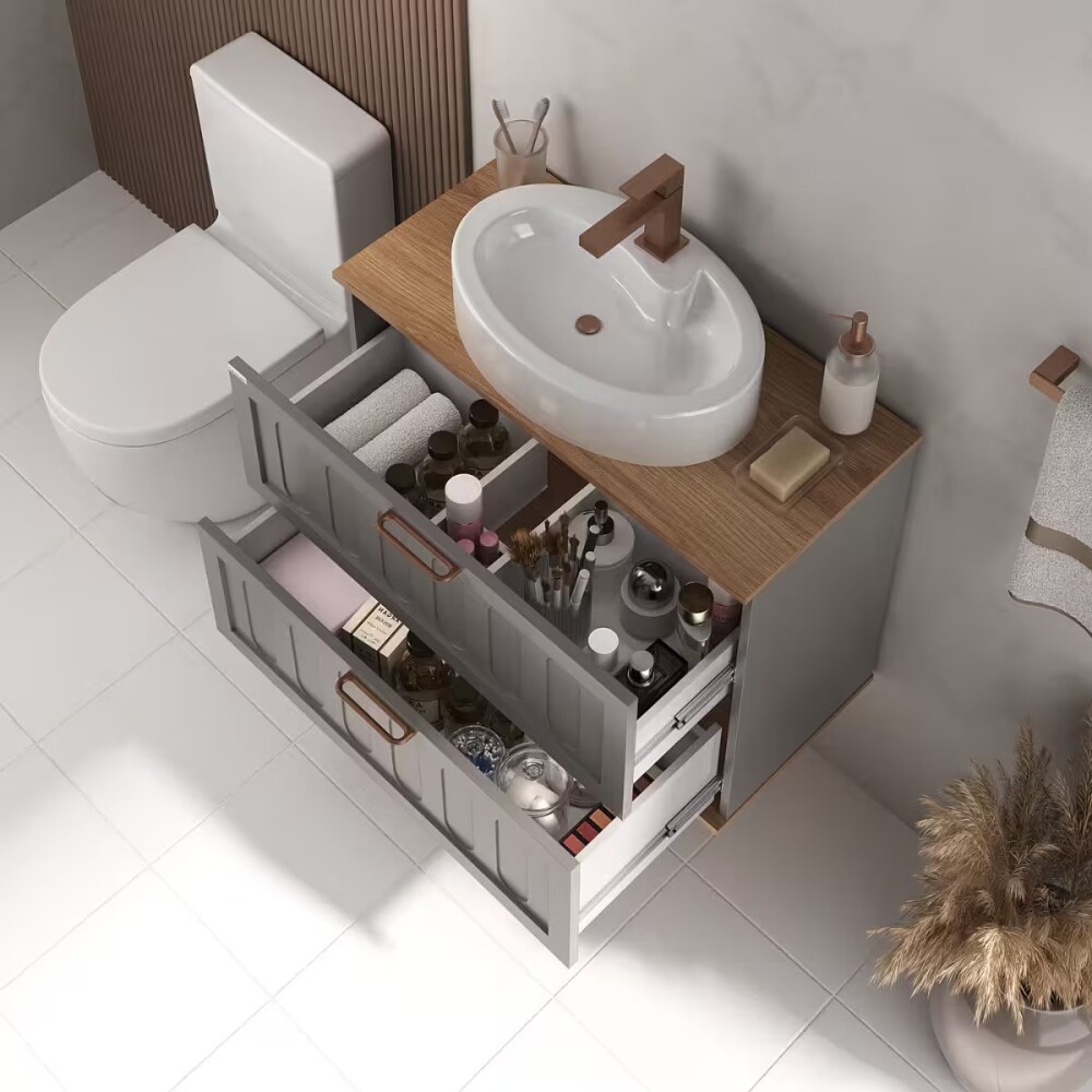 Mueble de baño suspendido Milena 78 cm Avellana/Catedral con bacha Mueble De Baño Suspendido Milena 78 Cm Avellana/catedral Con Bacha