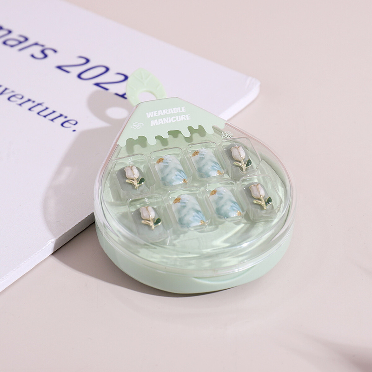 Uñas Postizas Sólidas 3d - 30 Unidades - Verdes Y Flores 