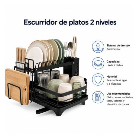 Escurridor Platos 2 Niveles Drenaje Automático Organizador Negro