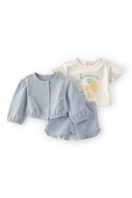 Set tres piezas de algodón, short, saco y remera, azul y crema, estampa limonada Set tres piezas de algodón, short, saco y remera, azul y crema, estampa limonada