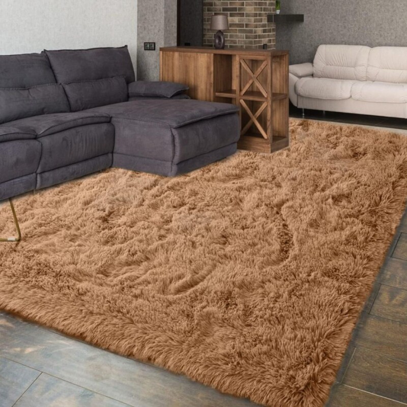 Alfombra Peluda Shaggy Pelo Alto Antideslizante Premium Color Marrón claro