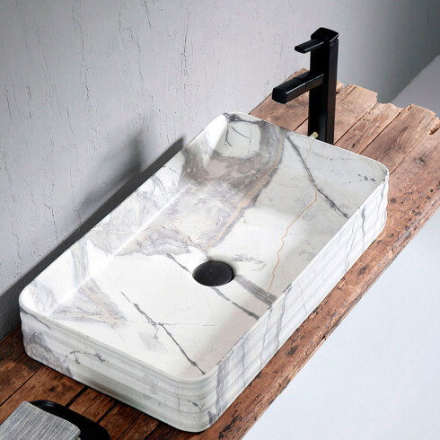 Bacha Rectangular De Apoyo De Loza Marmolada Con Desague Negro Mate Aqualia 000