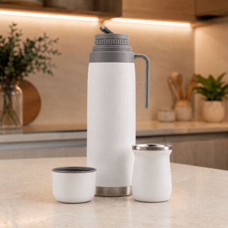 Set Matero Bologna Termo 1L + Mate Térmico Acero Inoxidable Blanco
