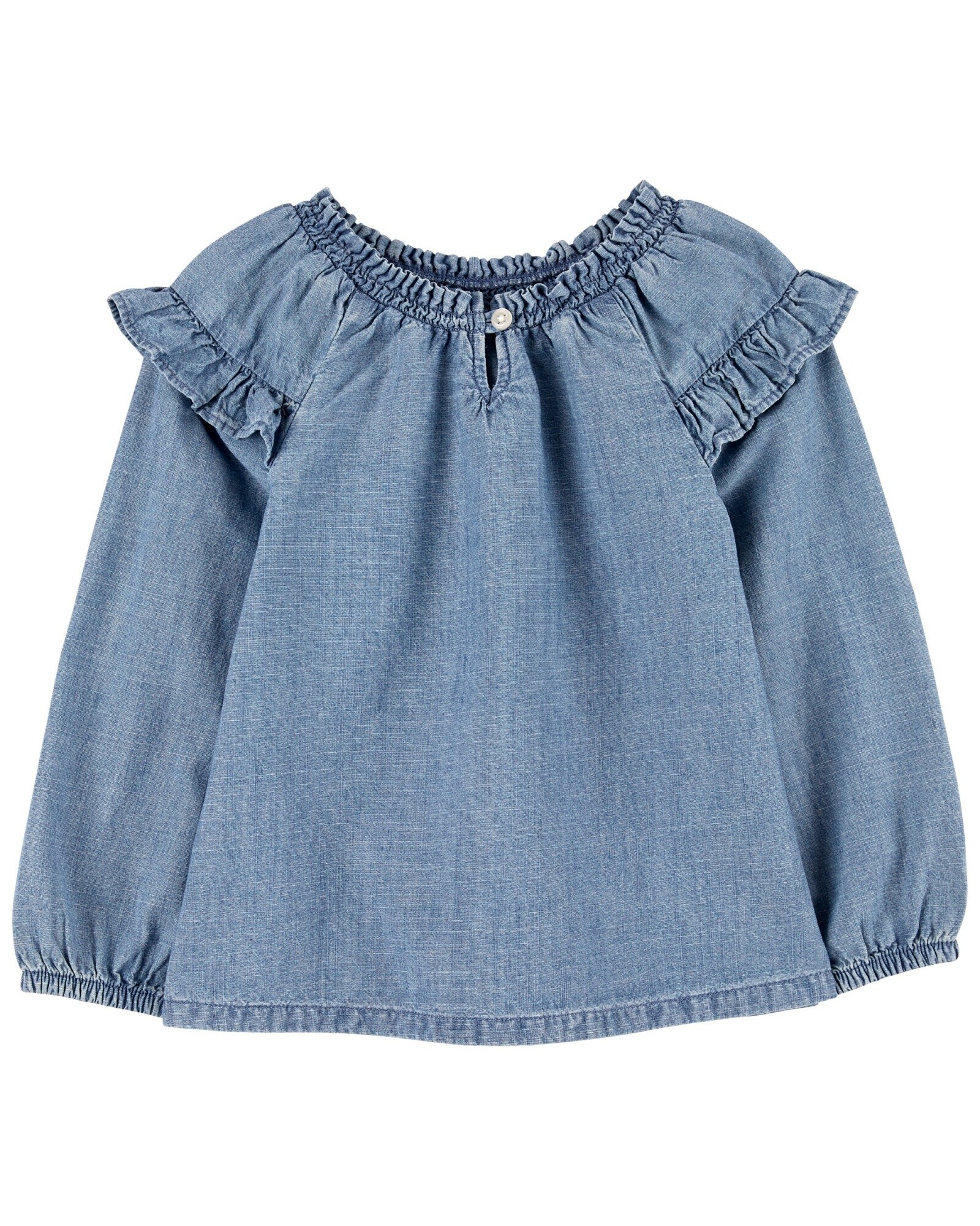 Blusa de chambray, manga larga, con volados. Talles 12-24M Sin color