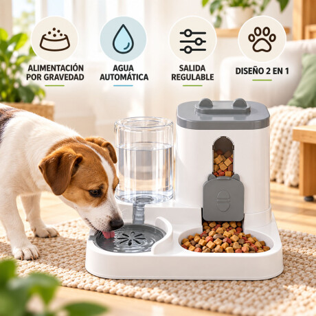 Plato Bebedero Dispensador 2En1 Alimento Agua 0,8L Mascotas Gris