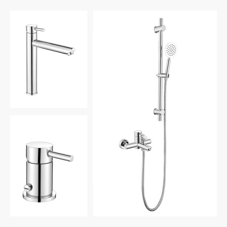 JUEGO DE GRIFERIA CRAMODO DUCHA EXTERIOR LAVATORIO ALTO Y BIDET 000