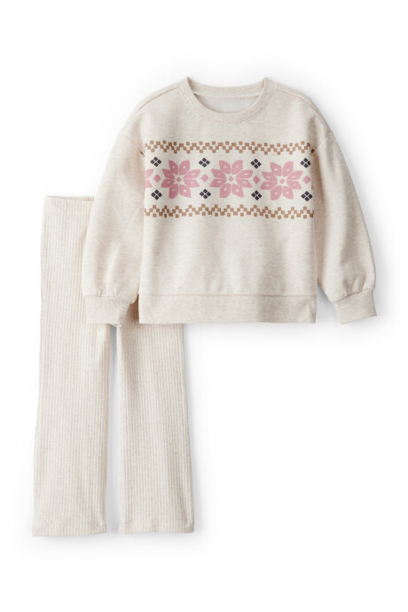Set dos piezas de algodón, pantalón acanalado y buzo, crema Sin color