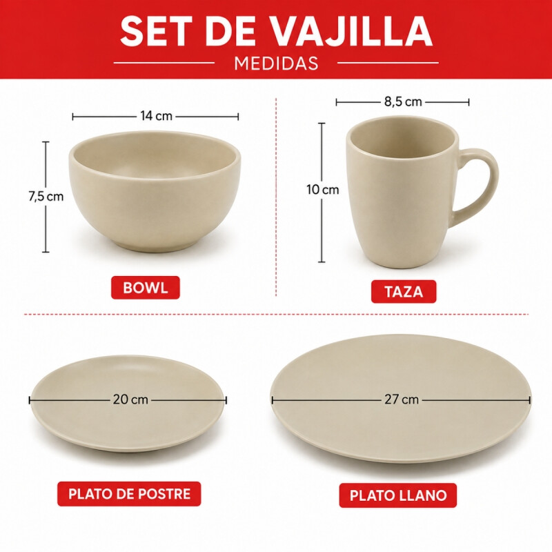 Juego Vajilla 16pcs llano 27/20/14/350ml BEIGE