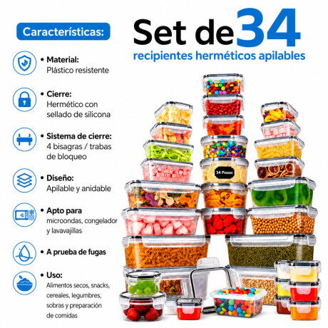 Set De Recipientes Herméticos 34 Piezas Cocina Apilables Transparente