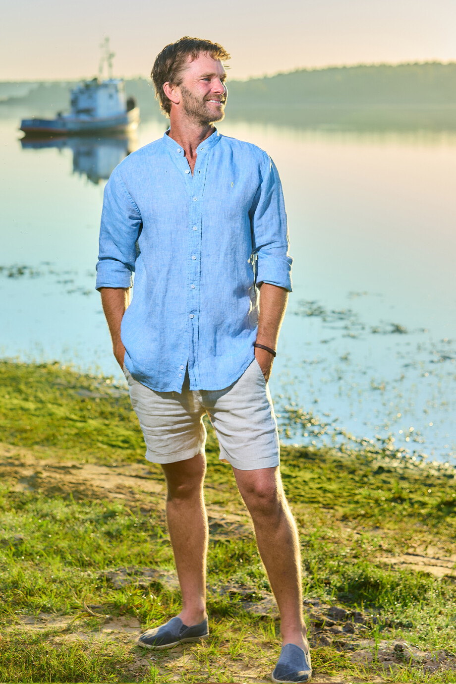 Camisa de lino Cuello Mao Celeste